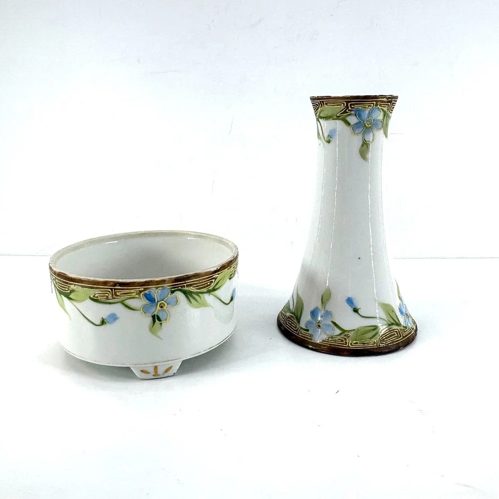 Antique Nippon Hand‎ Painted Porcelain Vase & Footed Bowl Set Blue Floral Gold